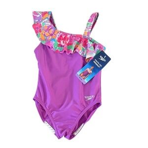 Speedo Youth Girls Purple Floral Ruffle One Piece‎ Swimsuit UPF 50+ Size XS 5/6